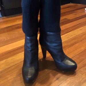 Loeffler Randall Wendy Black Leather Mid-Calf Boot w Black Knit Cuff/Shaft 7.5